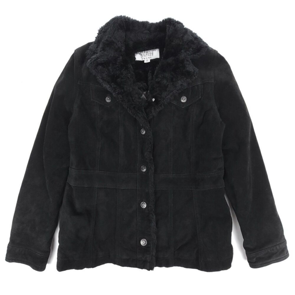 VINTAGE 90s Wilsons Leather Genuine Leather Western Fur Collar Coat Black Medium